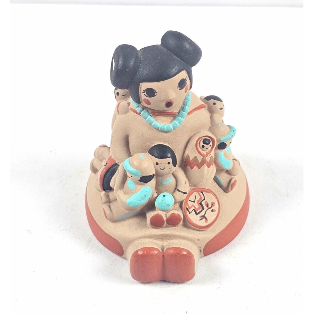 Southwestern Native American Storyteller Pottery Figurine Mother Children Signed